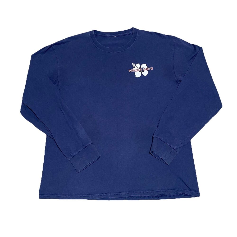 Trader Joe’s Long Sleeve T-Shirt Mens L Blue Hibiscus Store Logo Graphic Print